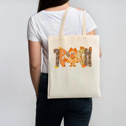Thanksgiving Turkey Teach Thankful Teacher Girly Bow Women Canvas Tote Bag - teacherstshirts.com