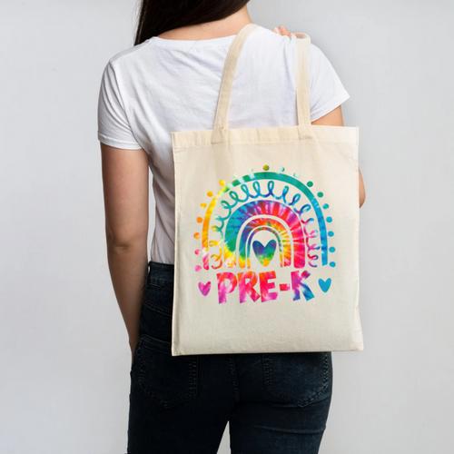 Tie Dye Prek Teacher Rainbow Preschool Back To School Girl Canvas Tote Bag - teacherstshirts.com CA