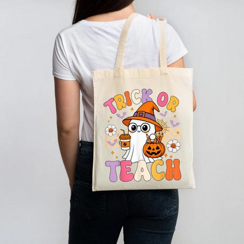 Trick Or Teach Cute Ghost Coffee Pumpkins Halloween Teacher Canvas Tote Bag - teacherstshirts.com UK