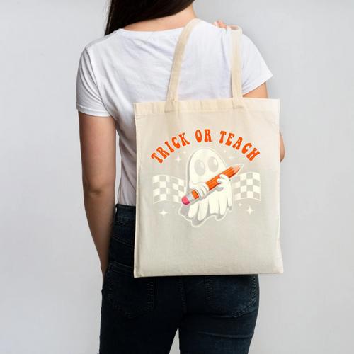 Trick Or Teach Groovy Retro Ghost Halloween Teacher Kids Canvas Tote Bag - teacherstshirts.com CA