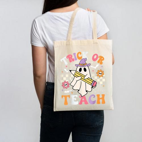 Trick Or Teach Groovy Teacher Halloween Retro Teacher Ghost Canvas Tote Bag - teacherstshirts.com CA