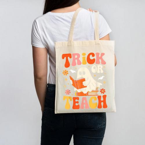Trick Or Teach Halloween Shirt For Teacher Kids Floral Ghost Canvas Tote Bag - teacherstshirts.com UK