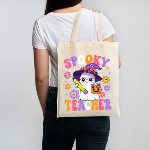 Trick Or Teach Spooky Teacher Ghost Halloween Teacher Canvas Tote Bag - teacherstshirts.com AU