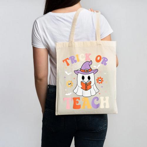 Trick Or Teach Teacher Groovy Ghost Halloween Teacher Canvas Tote Bag - teacherstshirts.com CA