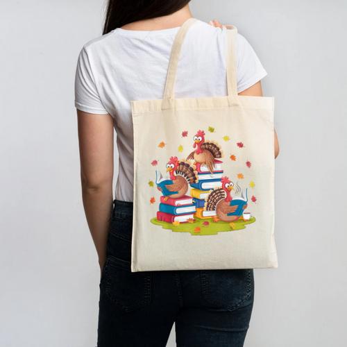 Turkey Reading Books Fall Season Thanksgiving Teacher Book Canvas Tote Bag - teacherstshirts.com AU