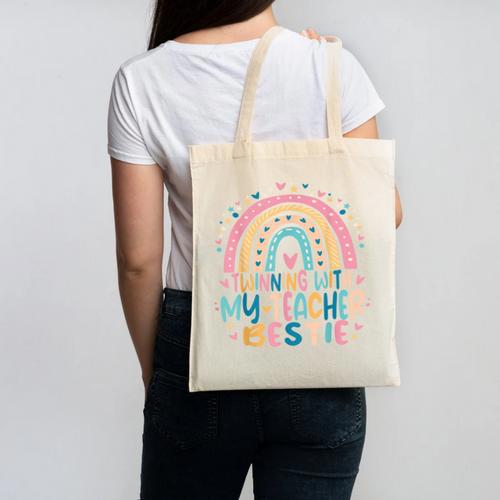 Twinning With My Teacher Bestie Rainbow Matching Teachers Canvas Tote Bag - teacherstshirts.com DE