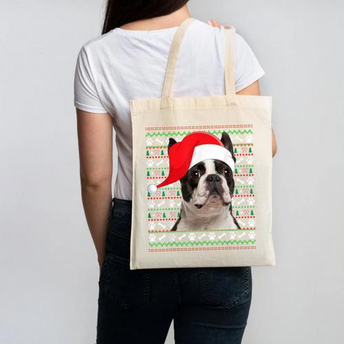 Ugly Xmas Sweater Santa Boston Terrier Dog Christmas For Men Women Kids Canvas Tote Bag - Bostonterriersmerch.com