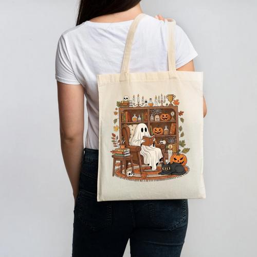 Vintage Ghost Book Reading Pumpkin Gothic Halloween Teachers Canvas Tote Bag - teacherstshirts.com DE