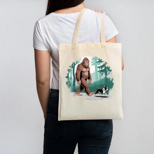 Whimsical Forest Adventures Sasquatch Bigfoot Walking Boston Terrier Dog Lovers Canvas Tote Bag - Bostonterriersmerch.com