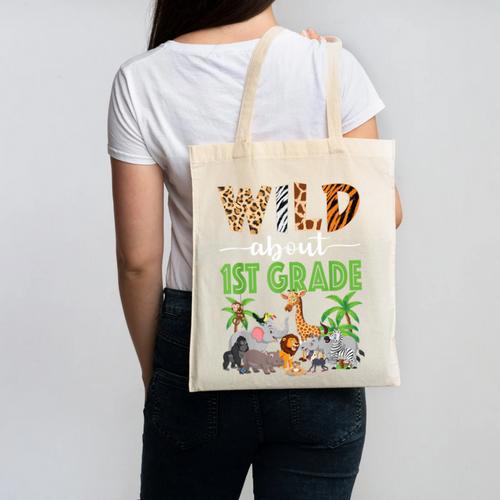 Wild About 1st Grade Teacher Student First Grade Zoo Safari Canvas Tote Bag - teacherstshirts.com UK