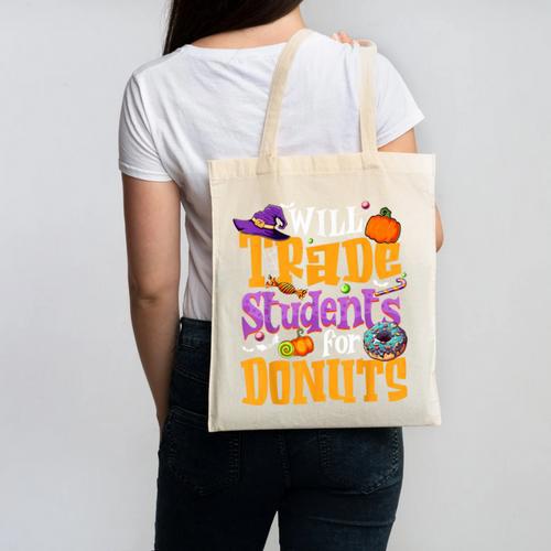 Will Trade Students For Donuts Halloween Teacher Canvas Tote Bag - teacherstshirts.com