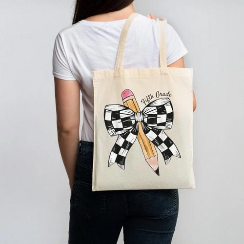Back To School Hello Fifth Grade Teacher Coquette Pencil Bow Canvas Tote Bag - teacherstshirts.com DE