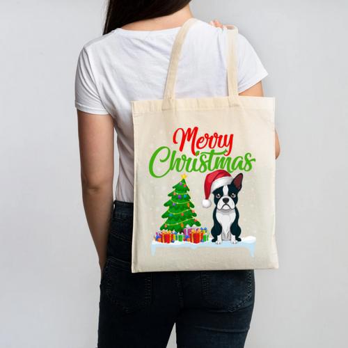 Boston Terrier Christmas Tree Lights Xmas Dog Lover Canvas Tote Bag - Bostonterriersmerch.com