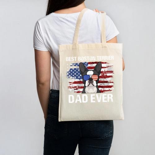 Boston Terrier Dad American Flag 4th Of July Dog Fathers Day Canvas Tote Bag - Bostonterriersmerch.com CA