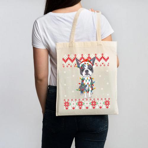Boston Terrier Dog Santa Hat Men Kids Ugly Christmas Light Canvas Tote Bag - Bostonterriersmerch.com