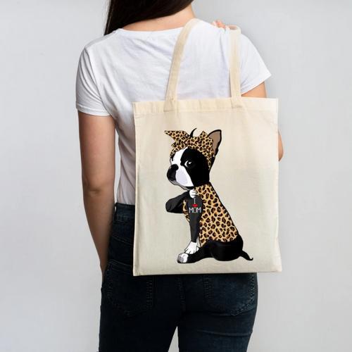 Boston Terrier Lover I Love Mom Tattoo Leopard Canvas Tote Bag - Bostonterriersmerch.com