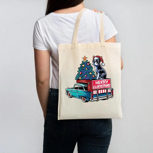Boston Terrier Merry Christmas Tree Truck Santa Dog X-Mas Canvas Tote Bag - Bostonterriersmerch.com