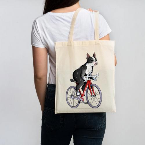 Boston Terrier Riding Bicycle Cute Bostie Biker Raglan Baseball Tee Canvas Tote Bag - Bostonterriersmerch.com