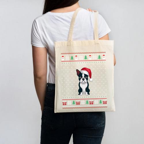 Boston Terrier Wearing Santa Hat Ugly Xmas Dog Lovers Canvas Tote Bag - Bostonterriersmerch.com CA