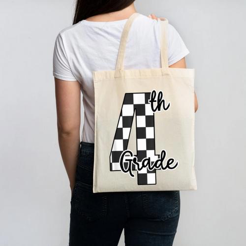 Checkered Fourth Grade Back To School Teachers Students Canvas Tote Bag - teacherstshirts.com CA