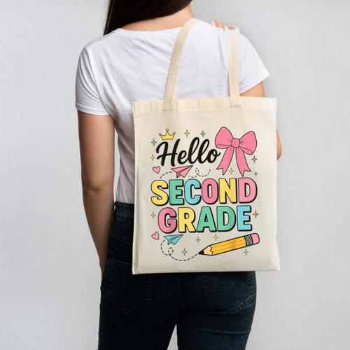 Cute Hello Second Grade Back To School Coquette Teacher Girl Canvas Tote Bag - teacherstshirts.com DE