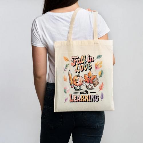 Fall In Love With Learning Teacher Autumn School Canvas Tote Bag - teacherstshirts.com