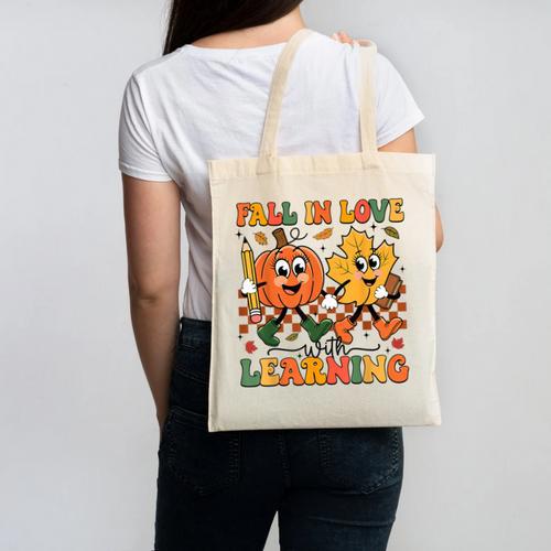 Fall In Love With Learning Thanksgiving Teacher Student Canvas Tote Bag - teacherstshirts.com