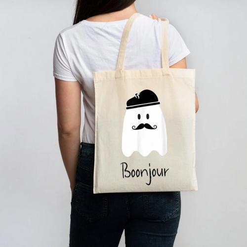 French Teacher Halloween Bonjour Ghost Canvas Tote Bag - teacherstshirts.com