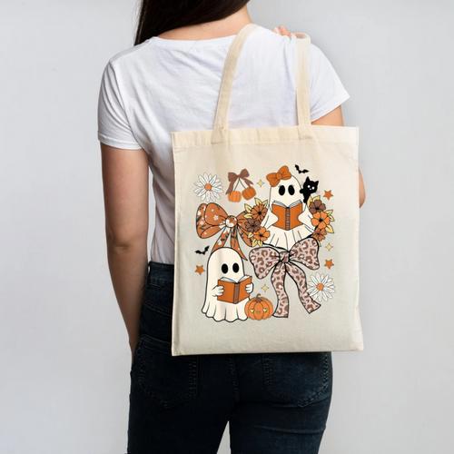 Ghost Reading Books Halloween Bow Spooky Teacher Student Canvas Tote Bag - teacherstshirts.com DE