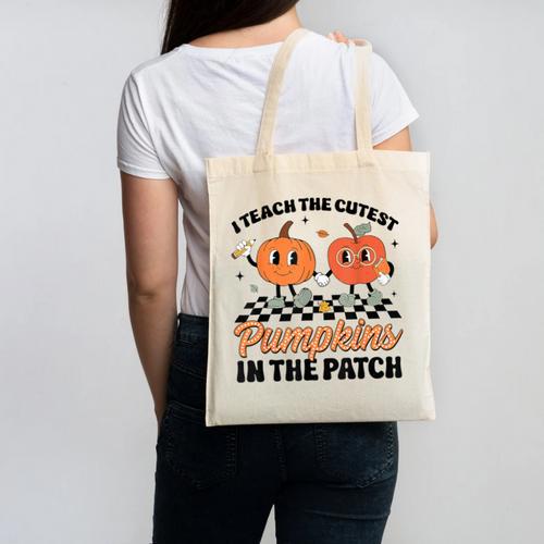 Groovy I Teach The Cutest Pumpkins In The Patch For Teacher Canvas Tote Bag - teacherstshirts.com AU