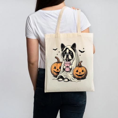 Halloween Boston Terrier Ghost Canvas Tote Bag - Bostonterriersmerch.com