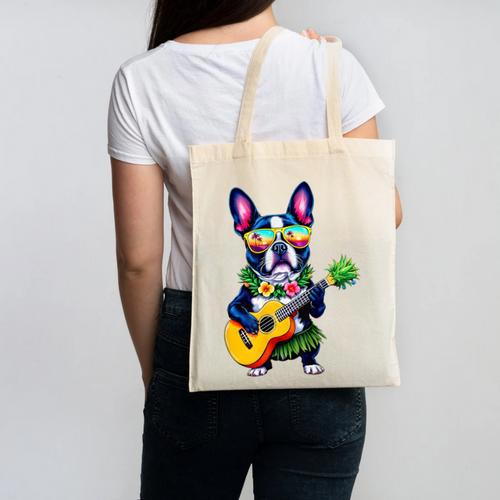 Hawaiian Boston Terrier & Pineapple Ukulele Summer Vacation Canvas Tote Bag - Bostonterriersmerch.com AU