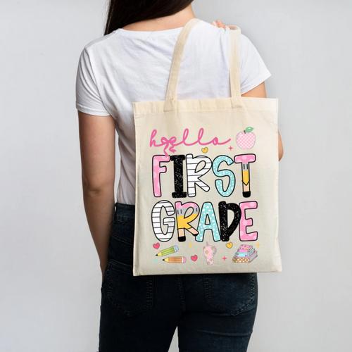 Hello First Grade Teacher Coquette Pencil Bow Back To School Canvas Tote Bag - teacherstshirts.com AU