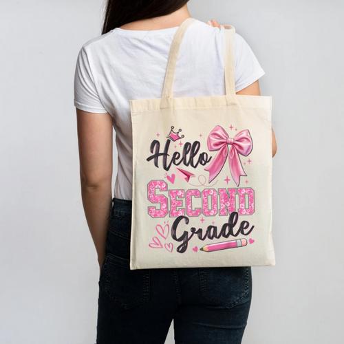 Hello Second Grade First Day Of School Coquette Teacher Girl Canvas Tote Bag - teacherstshirts.com DE