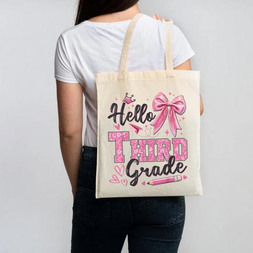 Hello Third Grade First Day Of School Coquette Teacher Girl Canvas Tote Bag - teacherstshirts.com DE