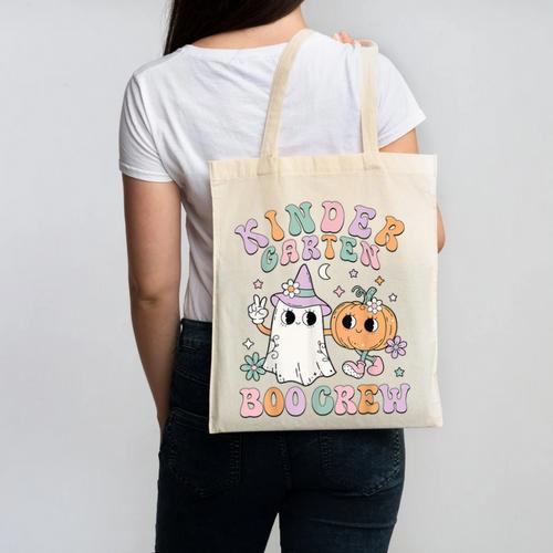 Kindergarten Boo Crew Halloween Floral Ghost Kinder Teacher Canvas Tote Bag - teacherstshirts.com AU