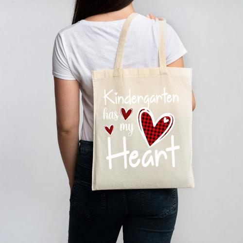 Kindergarten Has My Heart Buffalo Print Teacher Valentine Canvas Tote Bag - teacherstshirts.com