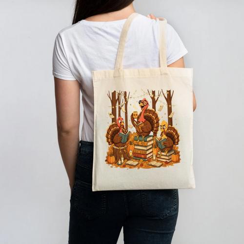 Librarian Turkey Reading Book Fall Thanksgiving Teacher Book Canvas Tote Bag - teacherstshirts.com UK
