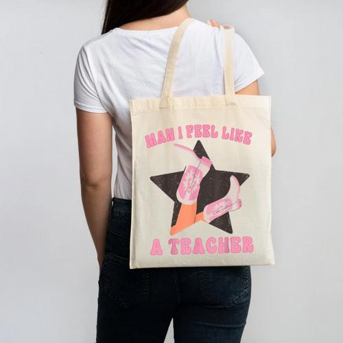 Man I Feel Like A Teacher Retro Western Country Cowgirl Canvas Tote Bag - teacherstshirts.com AU