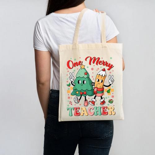One Merry Teacher Groovy Christmas Tree Pjs Xmas Teacher Canvas Tote Bag - teacherstshirts.com CA