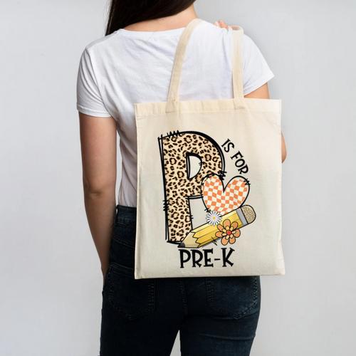 P Is For Pre K Teacher Leopard First Day Of School For Men Women Girls Kids Canvas Tote Bag - teacherstshirts.com CA