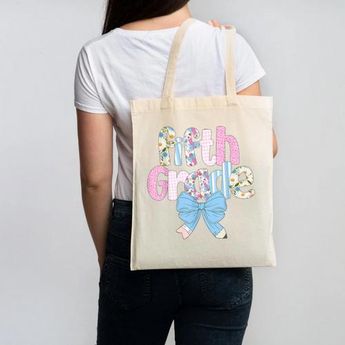Preppy Fifth Grade Teacher Blue Floral Coquette Pencil Bow Canvas Tote Bag - teacherstshirts.com DE