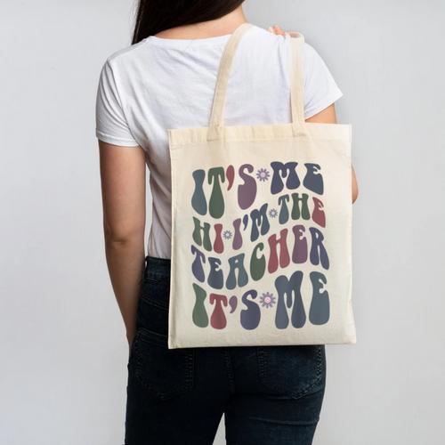 Retro IT'S ME Hi I'm The TEACHER Groovy Testing Squad Pink Canvas Tote Bag - teacherstshirts.com CA