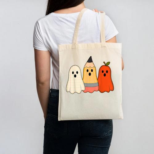 Retro Pencil Ghost Boo Spooky Teacher Halloween Costume Canvas Tote Bag - teacherstshirts.com UK