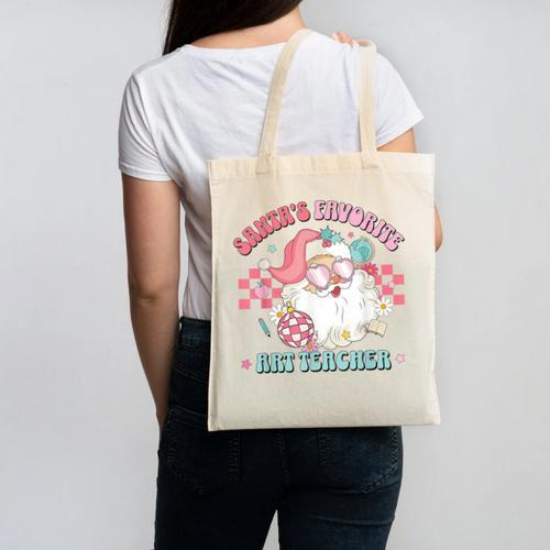 Retro Pink Christmas Santa's Favorite Art Teacher Artist Canvas Tote Bag - teacherstshirts.com