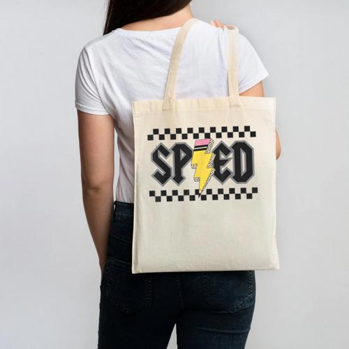 Retro SPED Teacher Pencil Lightning Bolt Back To School Canvas Tote Bag - teacherstshirts.com DE