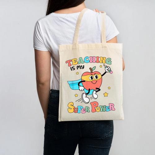 Retro Teaching Is My Superpower Apple Teacher Appreciation Canvas Tote Bag - teacherstshirts.com AU