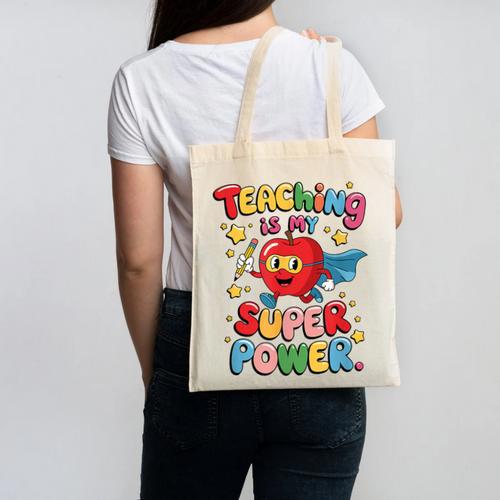 Retro Teaching Is My Superpower Apple Teacher Appreciation Canvas Tote Bag - teacherstshirts.com AU