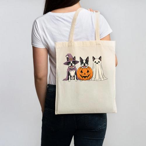 Spooky Ghost Boston Terrier Pumpkin Halloween Dog Lover Canvas Tote Bag - Bostonterriersmerch.com