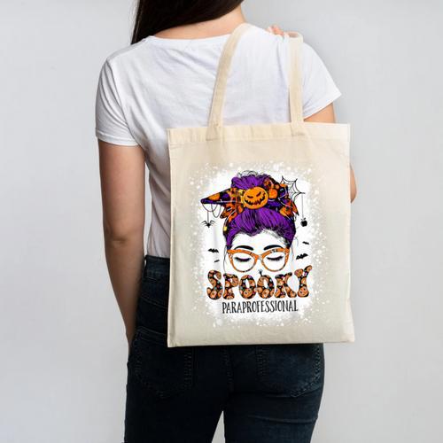 Spooky Paraprofessional Life Halloween Messy Bun Teacher For Men Women Canvas Tote Bag - teacherstshirts.com DE